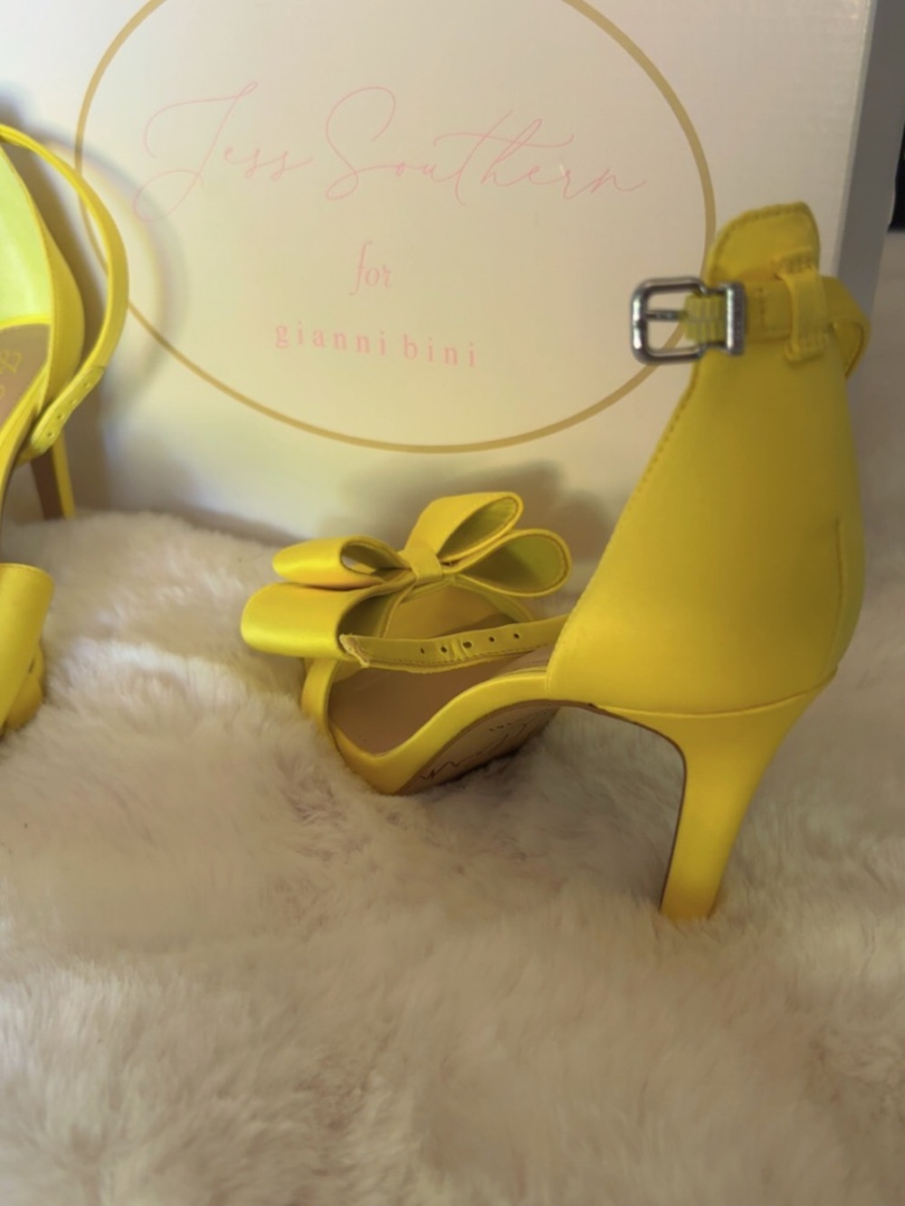 Gianni Bini Yellow Satin Bow Ankle-Strap Heels - Picture 2 of 3